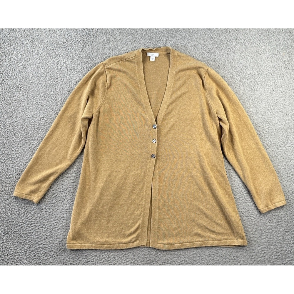 J Jill Cardigan Sweater Womens Large Long Beige Linen Blend 3 Button Lagenlook